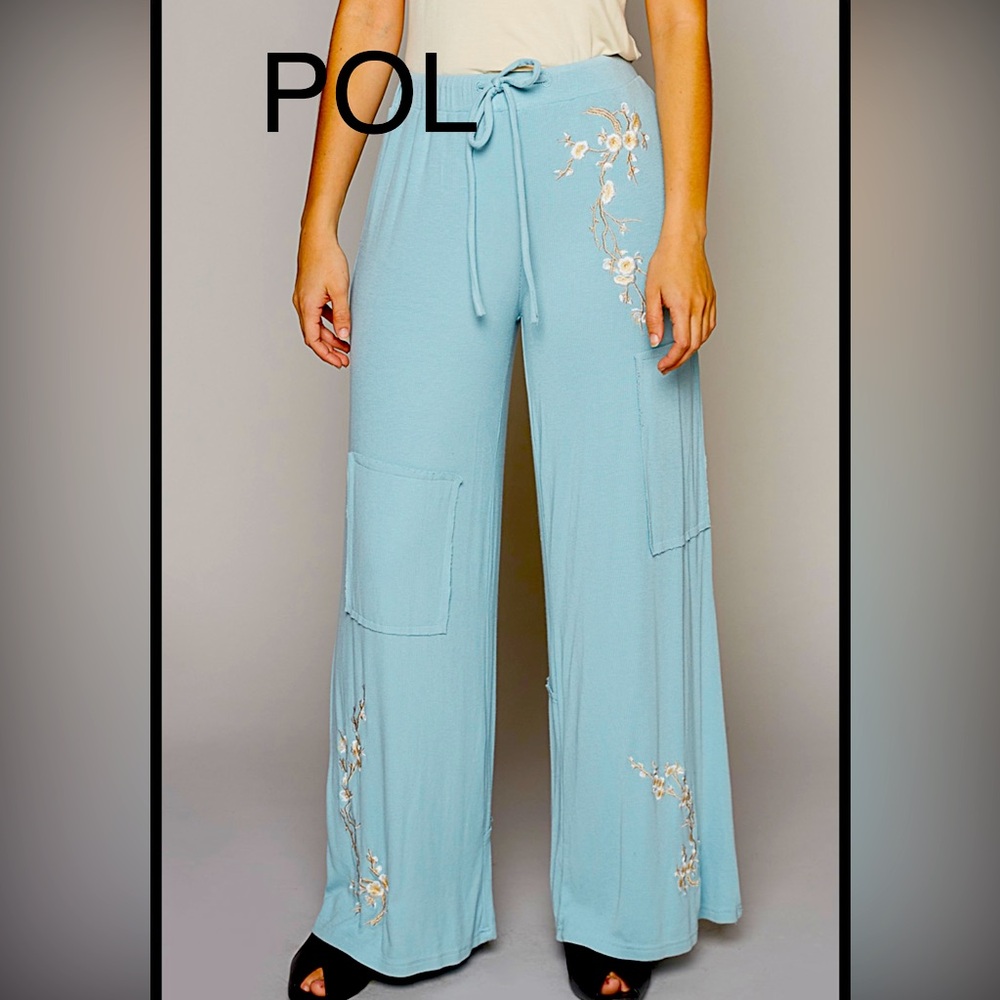 POL Women's Light Blue Embroidered Pants